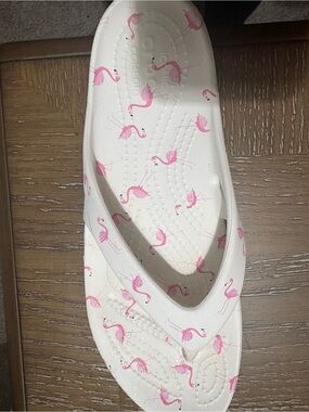 CROCS White Slip-On Sandals with Pink Flamingo Pattern